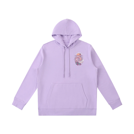 A light purple/lavender pullover hoodie for female scuba divers with a small multicolour graphic on the left chest, displayed on a clean white background.