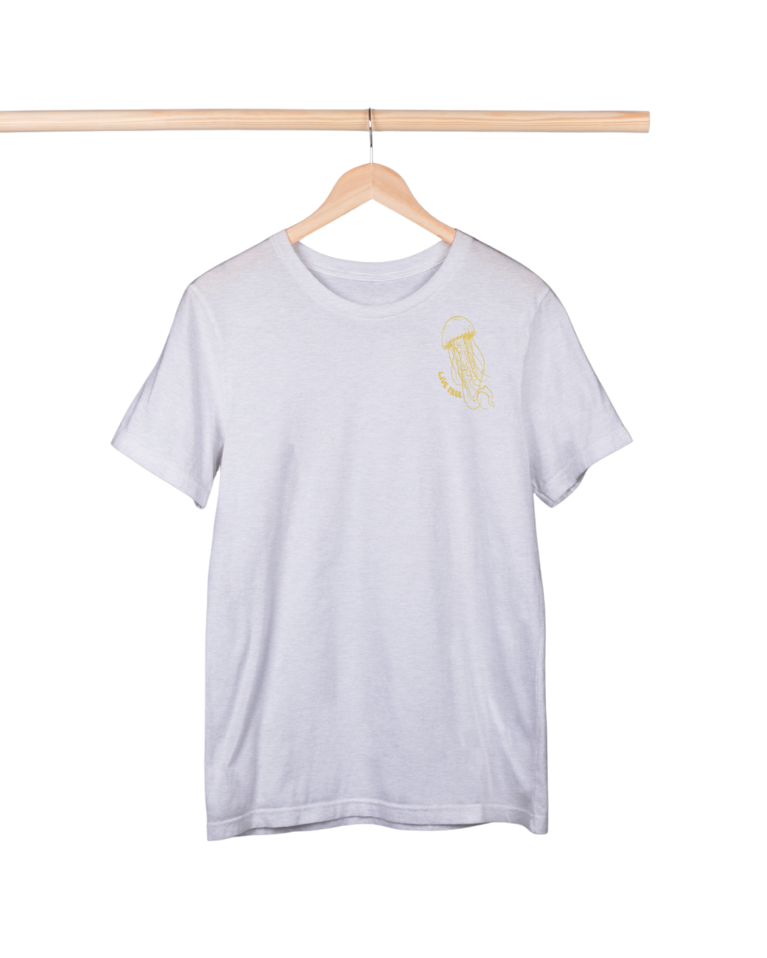 White t-shirt with a gold emblem on a wooden hanger against a white background