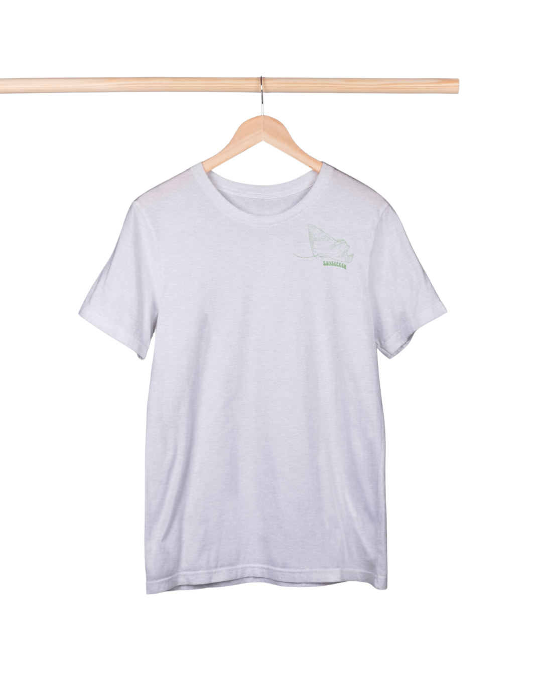 White t-shirt with a small logo on a wooden hanger against a white background