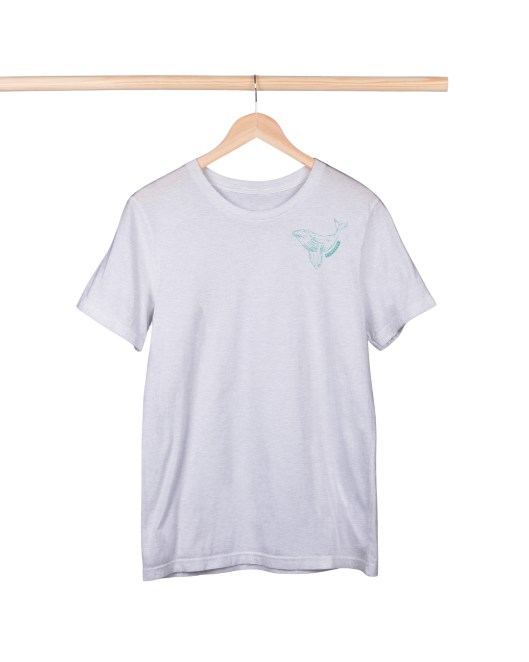 White t-shirt with a small design on a hanger against a white background