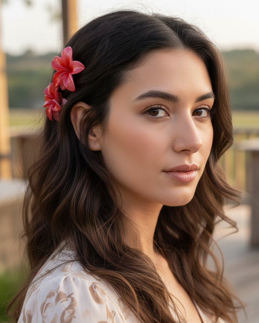 Woman with a pink flower in her hair outdoors