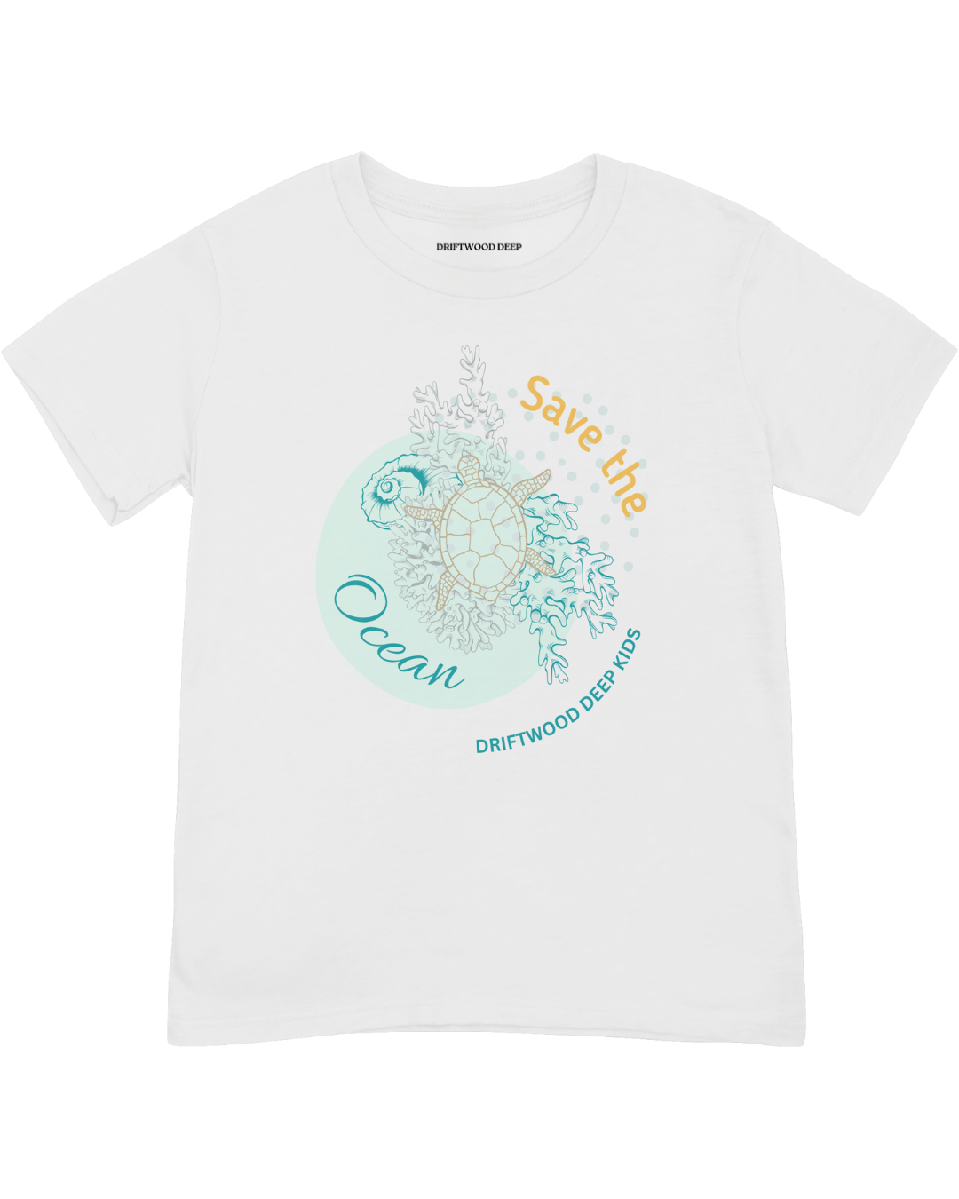 White t-shirt with 'Save the Ocean' graphic and brand name on a white background