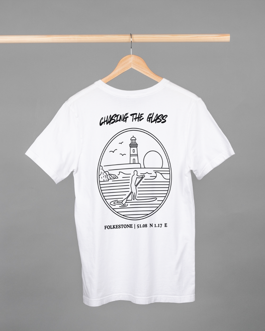 White t-shirt with black graphic design on a hanger against a gray background