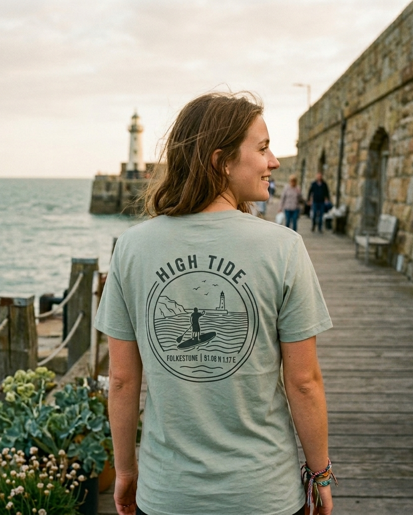 Woman wearing a 'High Tide' t-shirt by the sea with a lighthouse in the background.