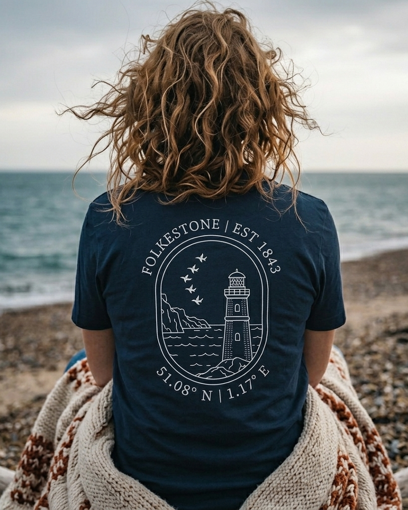 Person wearing a navy blue t-shirt with a lighthouse design on a beach