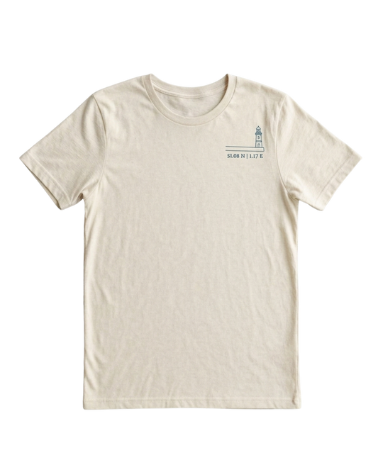 An off-white crewneck t-shirt with a small blue graphic on the left chest depicting a lighthouse and the text 'SLOAN 911 LITE'.