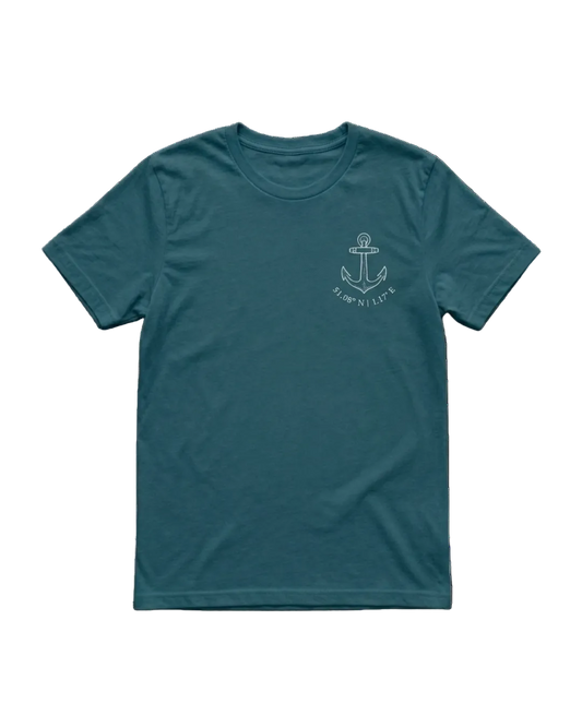A teal blue short-sleeve crewneck t-shirt with a small white anchor graphic and the text 'SLOANVILLE' printed on the left chest, displayed flat against a solid white background.