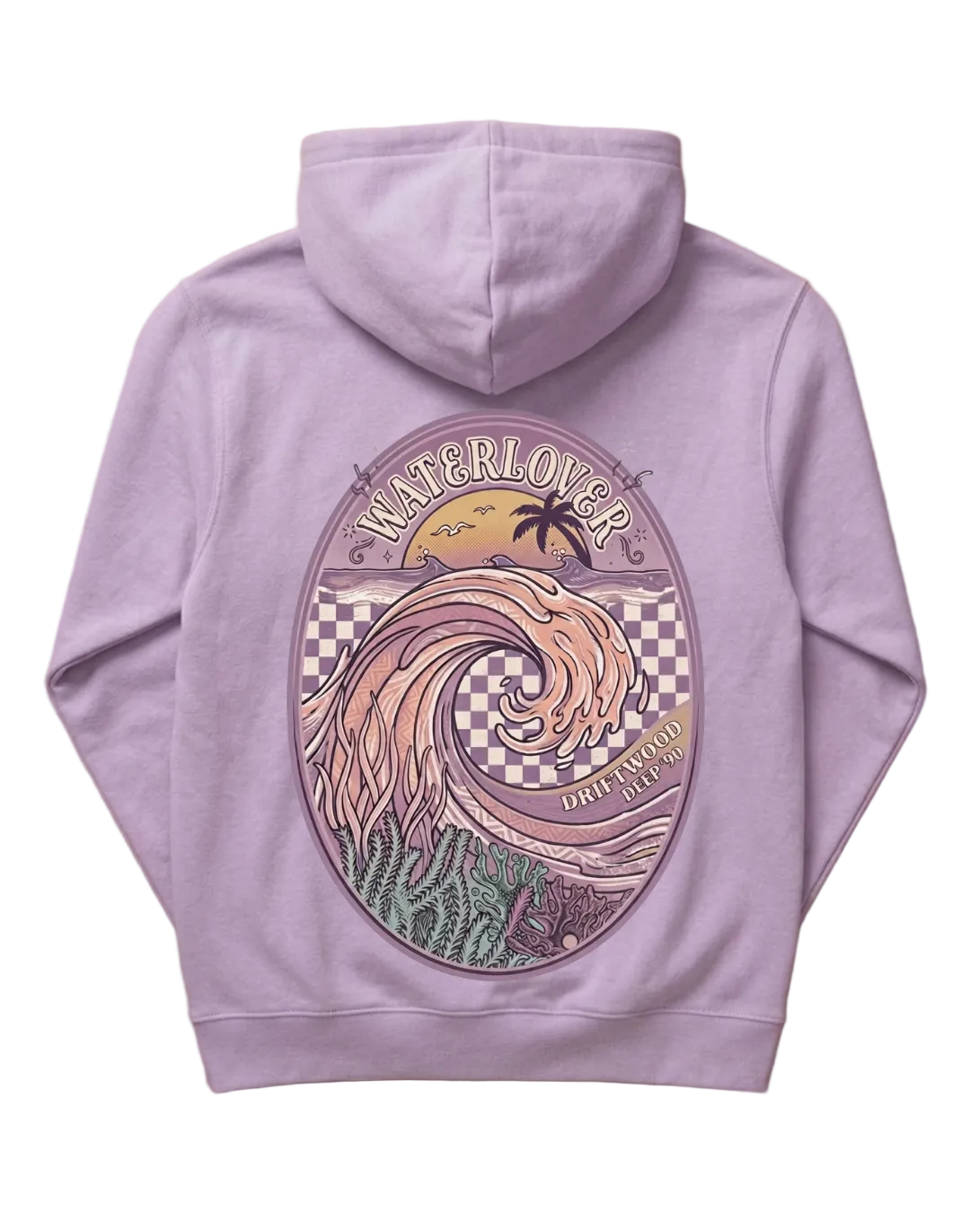 A lavender purple hoodie shown from the back, laid flat on a light brown wooden surface. The hoodie features a large circular graphic print in the center with a stylized wave illustration, a palm tree, and the text 'WATERLOVER'.