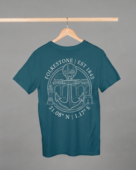 Teal t-shirt with white graphic design on a hanger against a gray background
