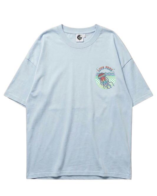 A light blue oversized short-sleeve T-shirt made for female scuba divers with a colourful jellyfish graphic on the left chest, displayed flat against a white background.