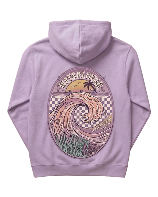 A lavender-purple hoodie for scuba diver women shown from the back, laid flat on a light brown wooden surface. The hoodie features a large circular graphic print in the centre with a stylised wave illustration, a palm tree, and the text 'WATERLOVER'.