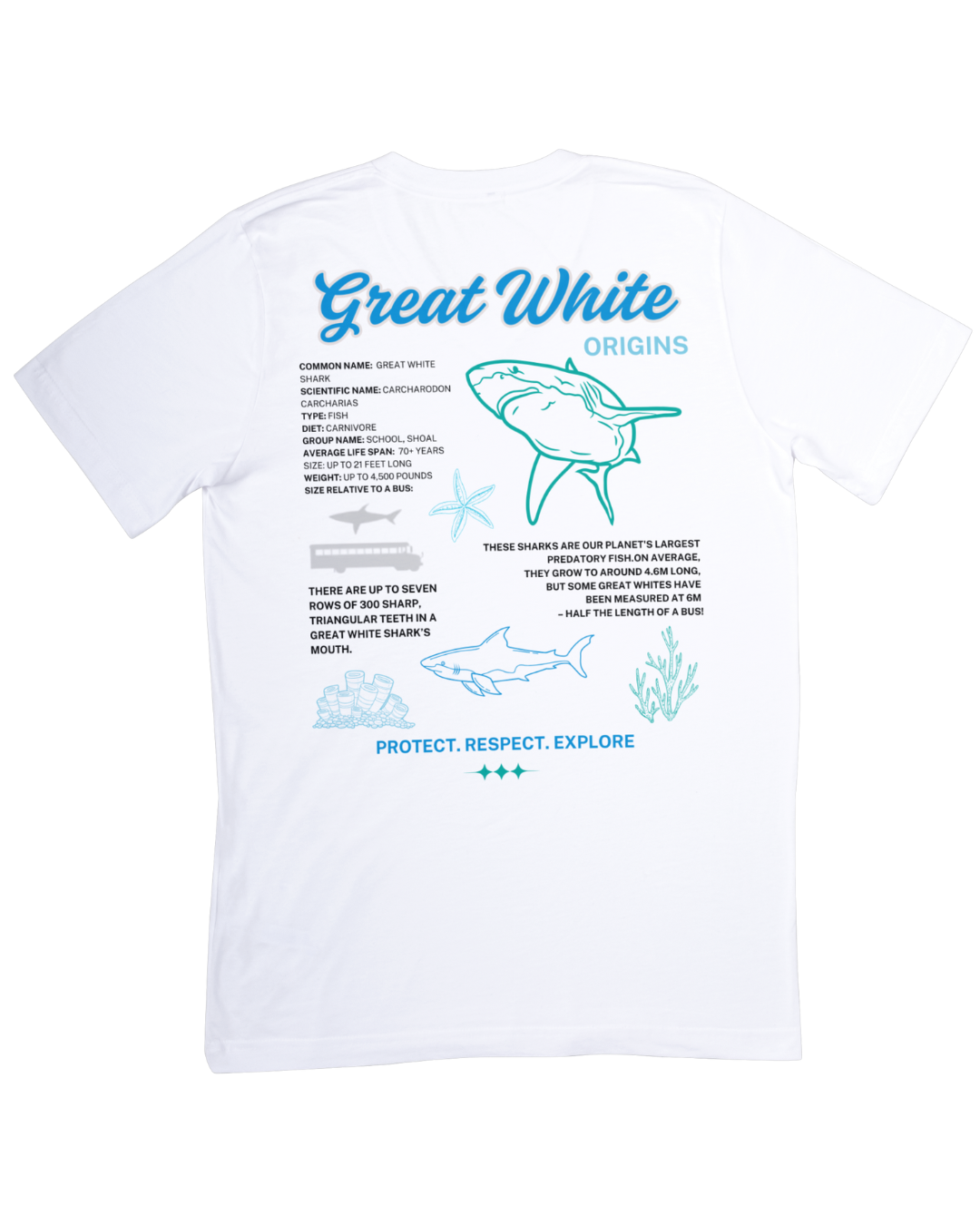 White t-shirt with blue graphics and text about great white sharks on a white background