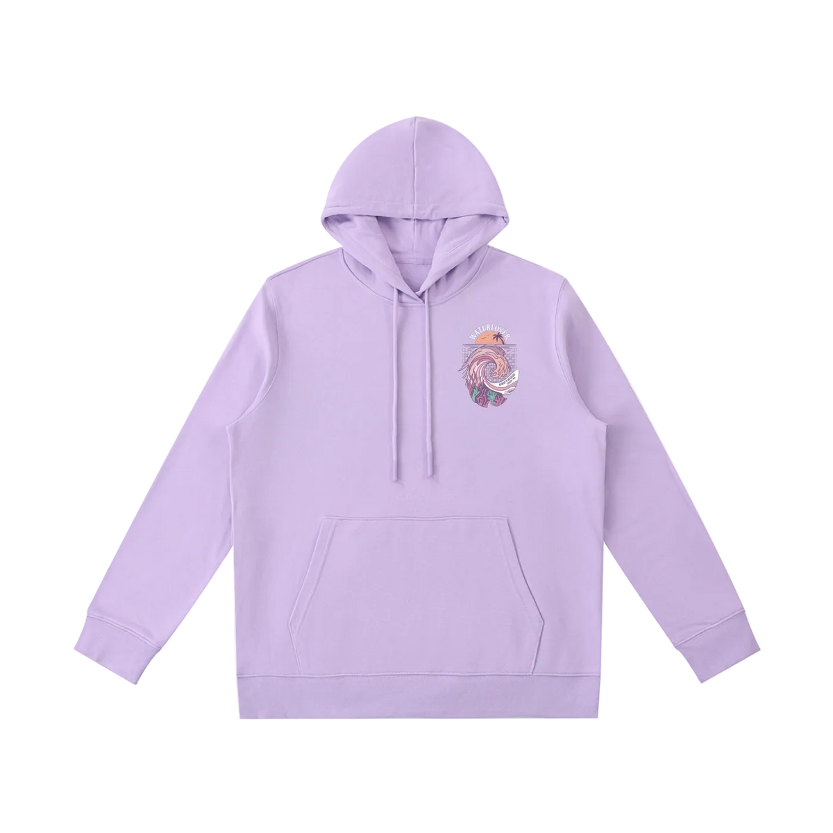 A light purple/lavender pullover hoodie with a small multicolor graphic on the left chest, displayed on a clean white background.