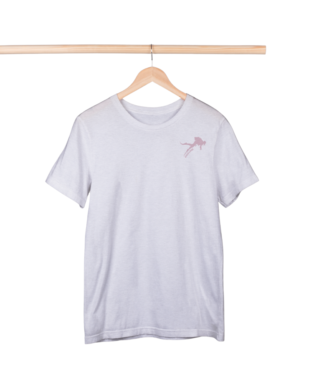 White t-shirt with a small logo on a hanger against a white background