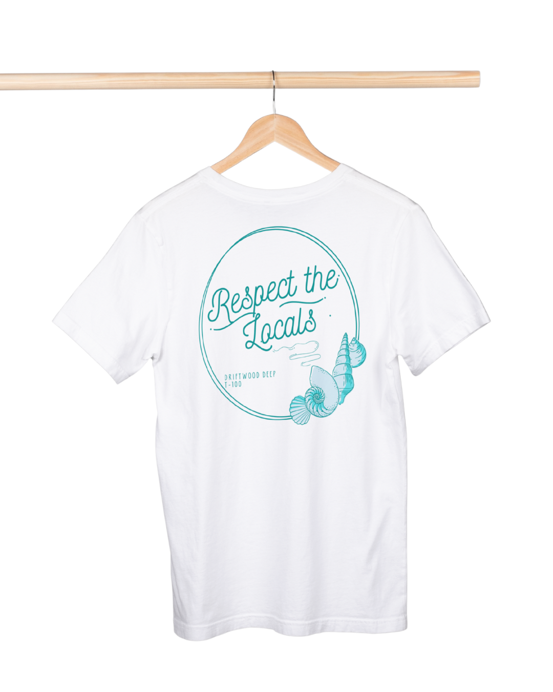 White t-shirt with teal graphic and text on a hanger against a white background