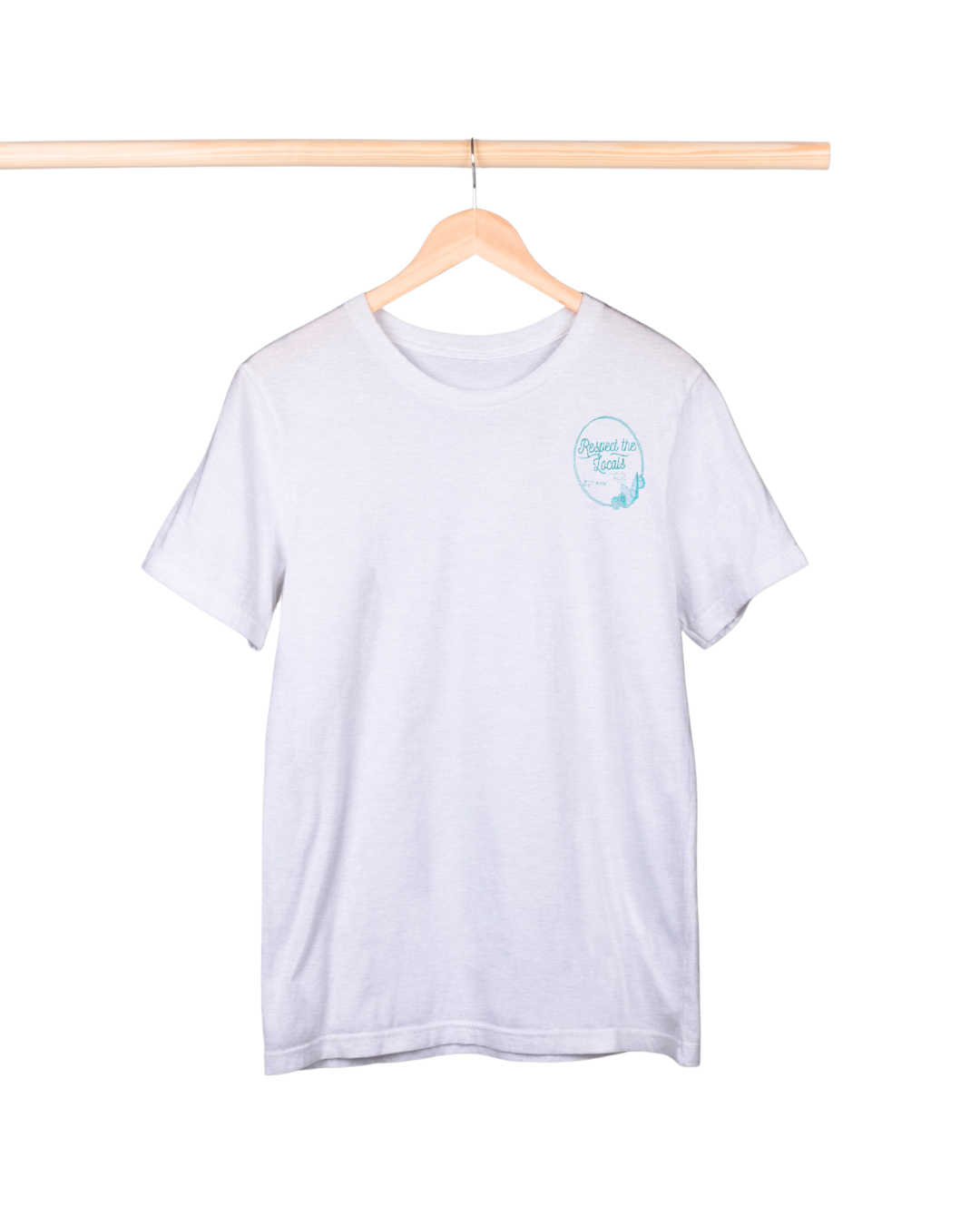 White t-shirt with a logo on a wooden hanger against a white background
