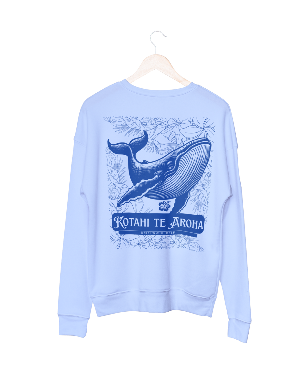Light blue sweatshirt with whale design and text on a white background