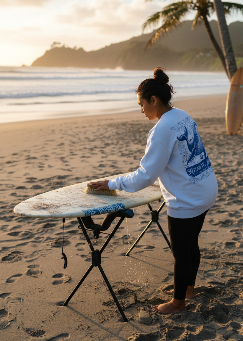 Person cleaning a surfboard on a beach with palm trees and mountains in the background