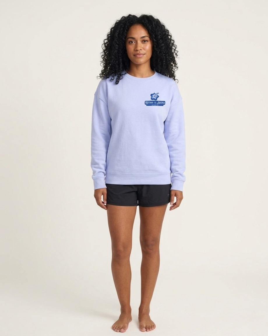 Person wearing a light blue sweatshirt with a logo on a white background