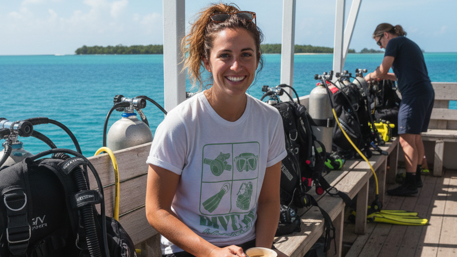 Woman sitting on a dock with scuba diving equipment and ocean view