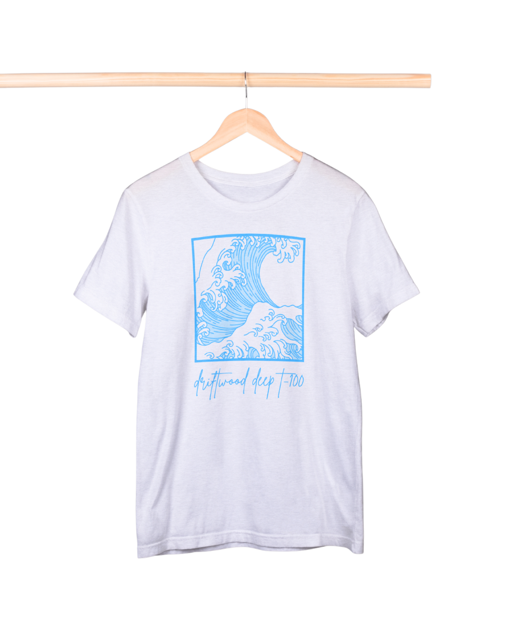 White t-shirt with blue graphic design on a hanger against a white background