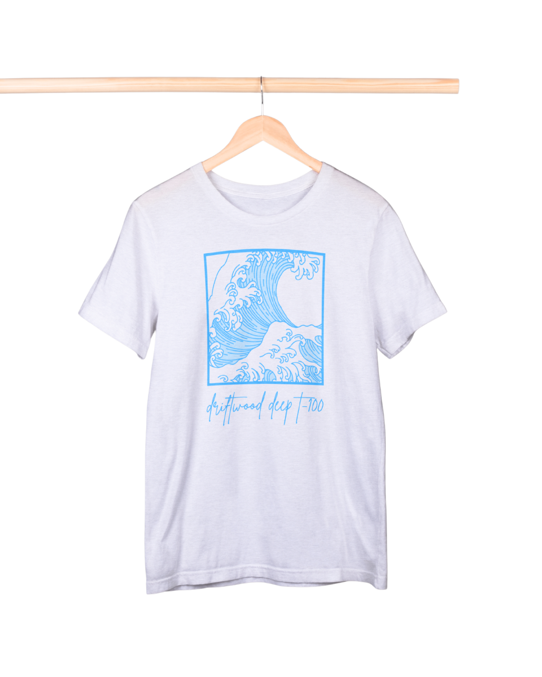 White t-shirt with blue graphic design on a hanger against a white background