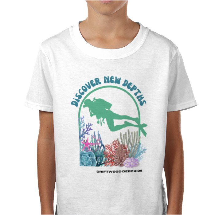 A child wearing a white crew neck t-shirt with a graphic print of a scuba diver and marine life.