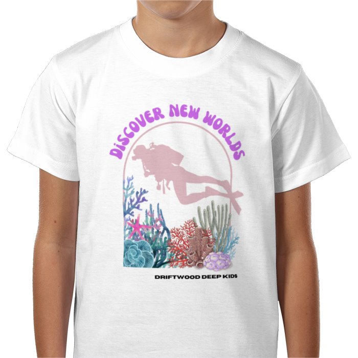 A white children's t-shirt with a vibrant graphic print of a scuba diver and underwater scene, accompanied by the text 'Discover New Worlds' and 'Driftwood Deep Kids'.