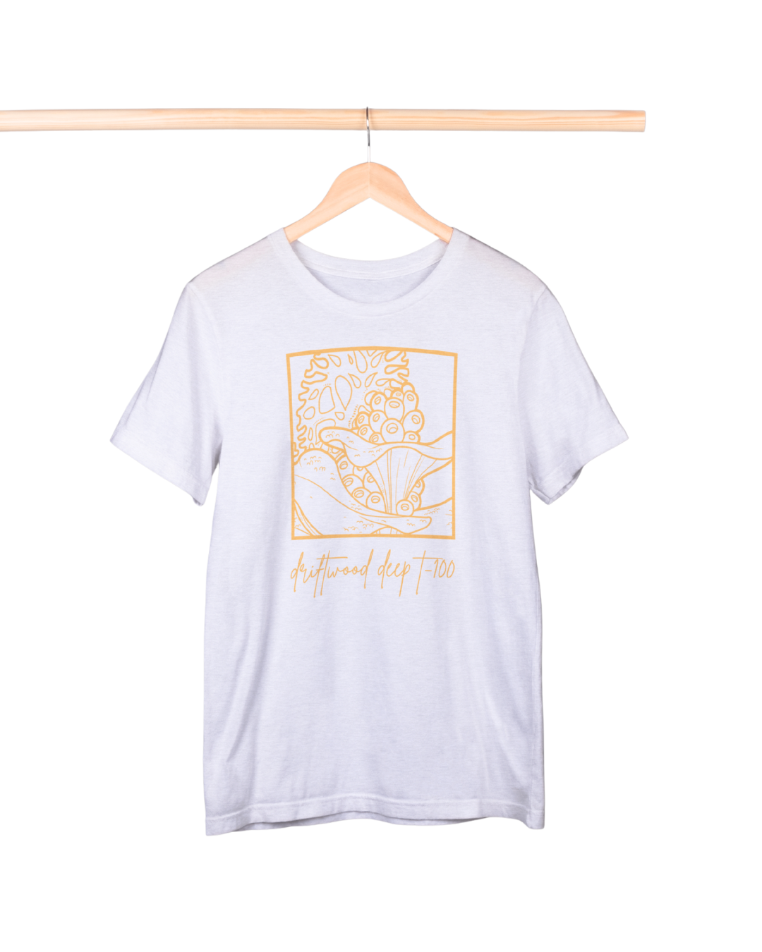 White t-shirt with gold graphic and text on a hanger against a white background