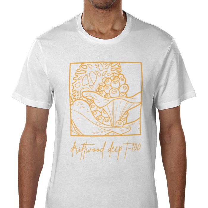 White t-shirt with gold graphic design and text worn by a person