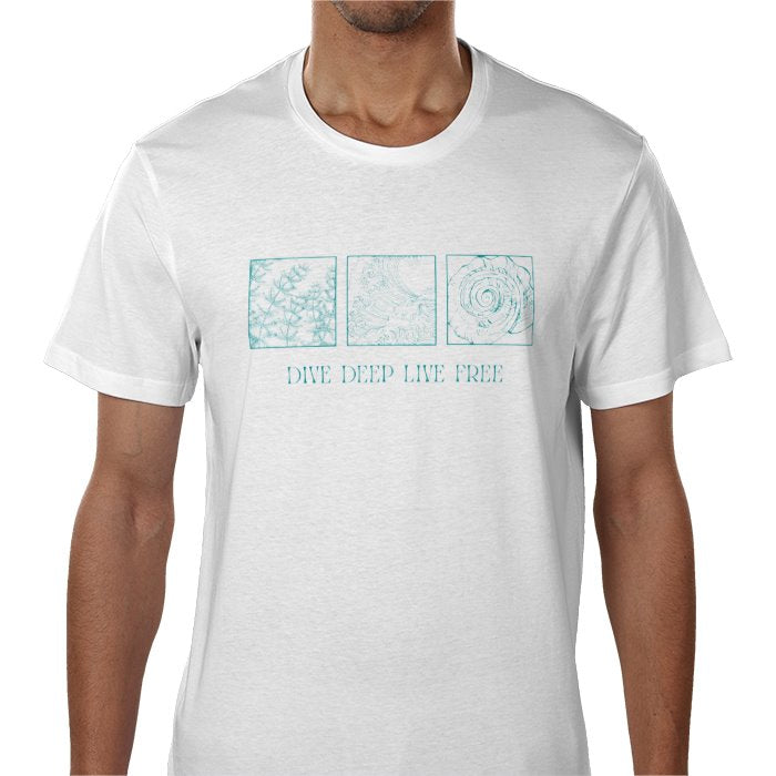 A white crew neck t-shirt with a graphic print in the center that includes text and abstract designs.