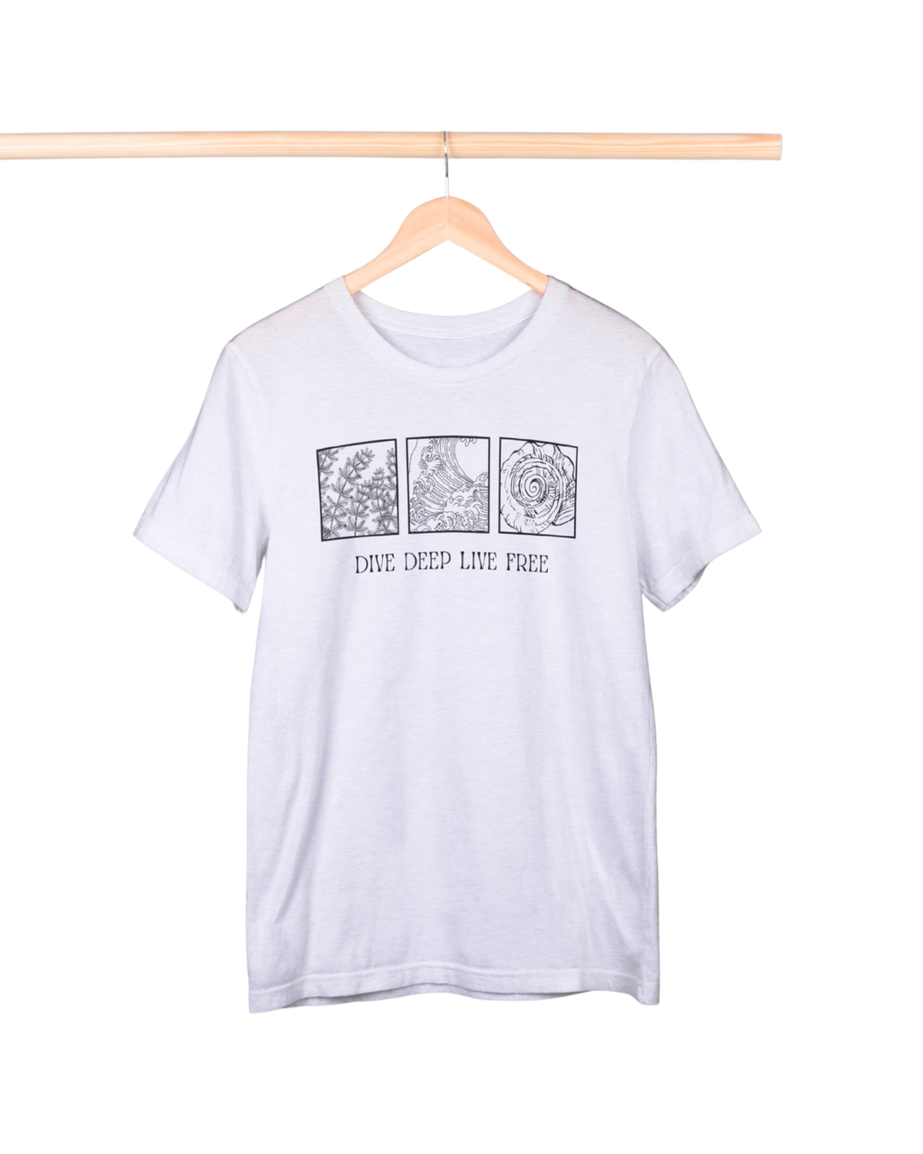 White t-shirt with graphic design and text on a hanger against a white background