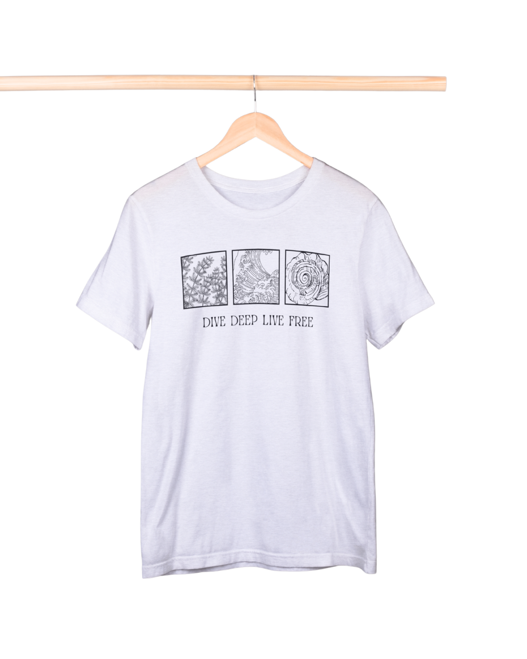 White t-shirt with graphic design and text on a hanger against a white background
