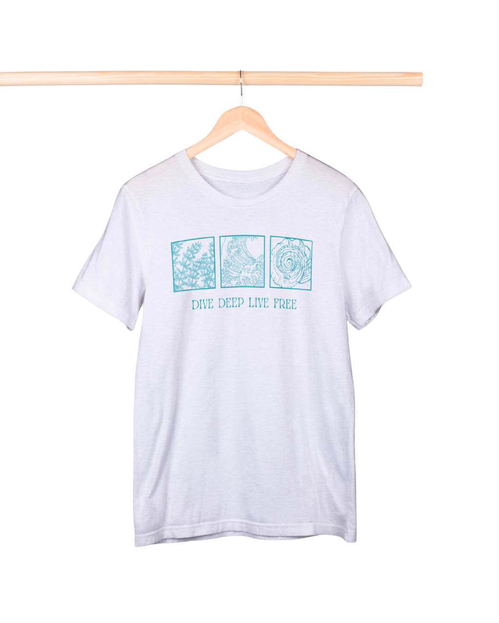 White t-shirt with blue graphic design on a hanger against a white background
