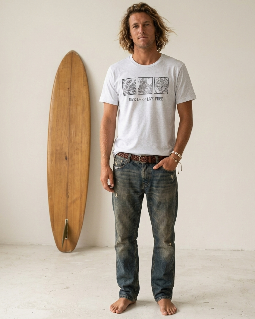 Man standing next to a wooden surfboard wearing a white t-shirt and blue jeans.