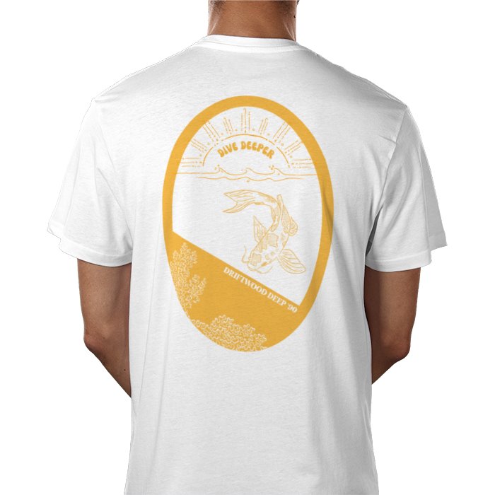 A person wearing a white crew neck t-shirt with a burnt orange koi fish graphic and text on the back.