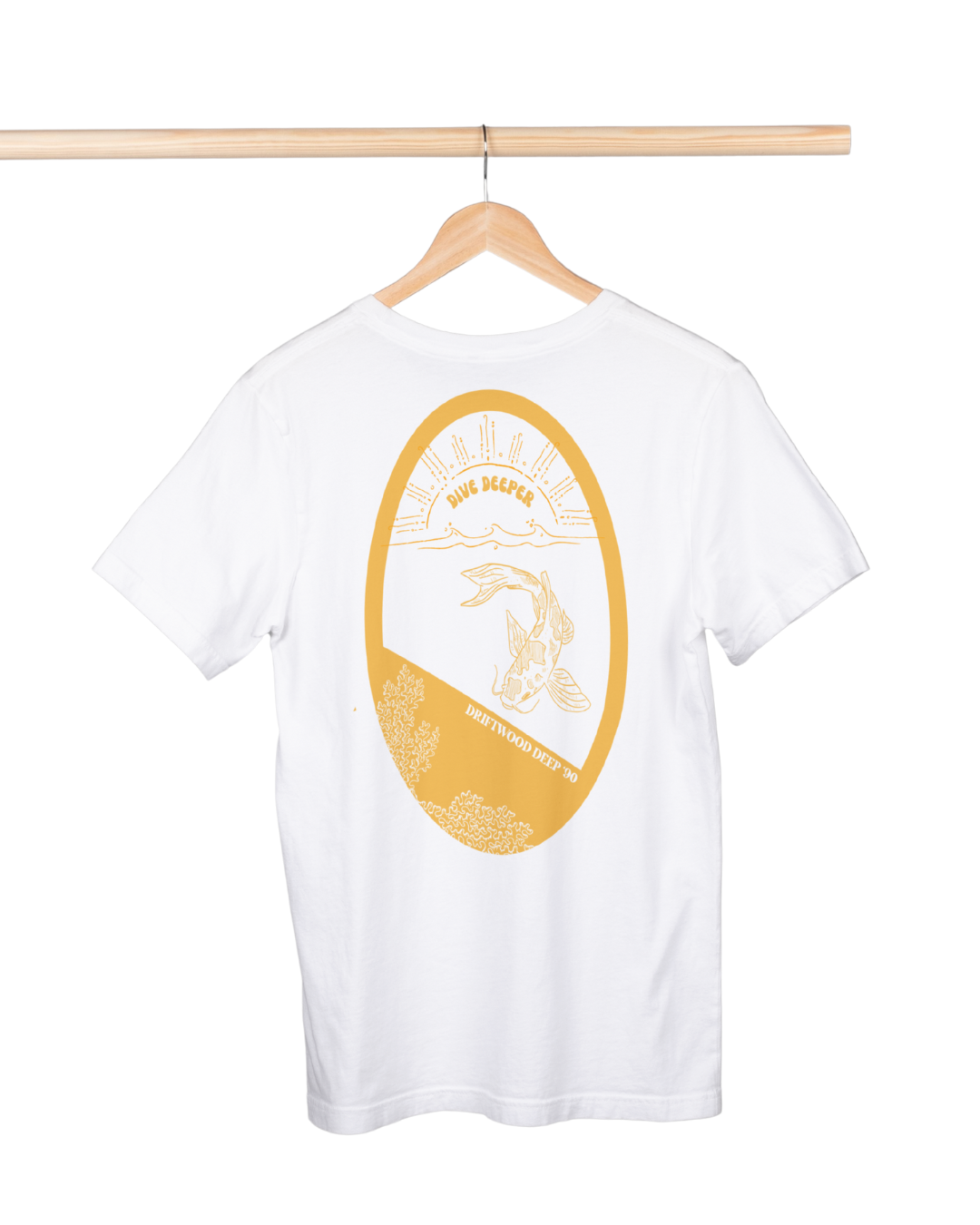 White t-shirt with a yellow graphic on a hanger against a white background