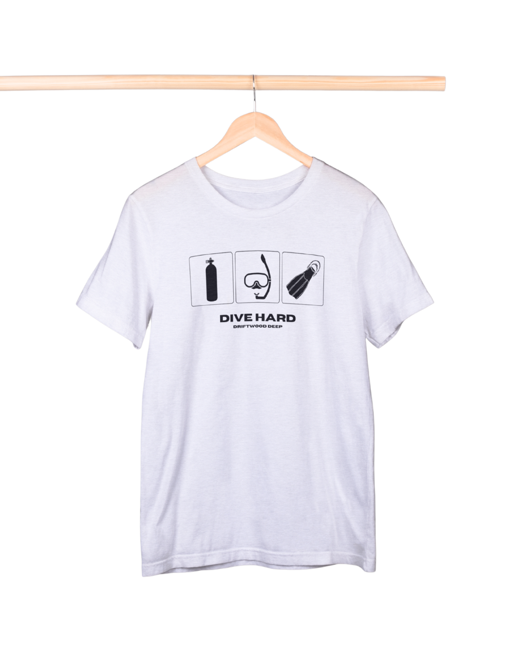 White t-shirt with diving-themed graphic and 'Dive Hard' text on a hanger against a white background