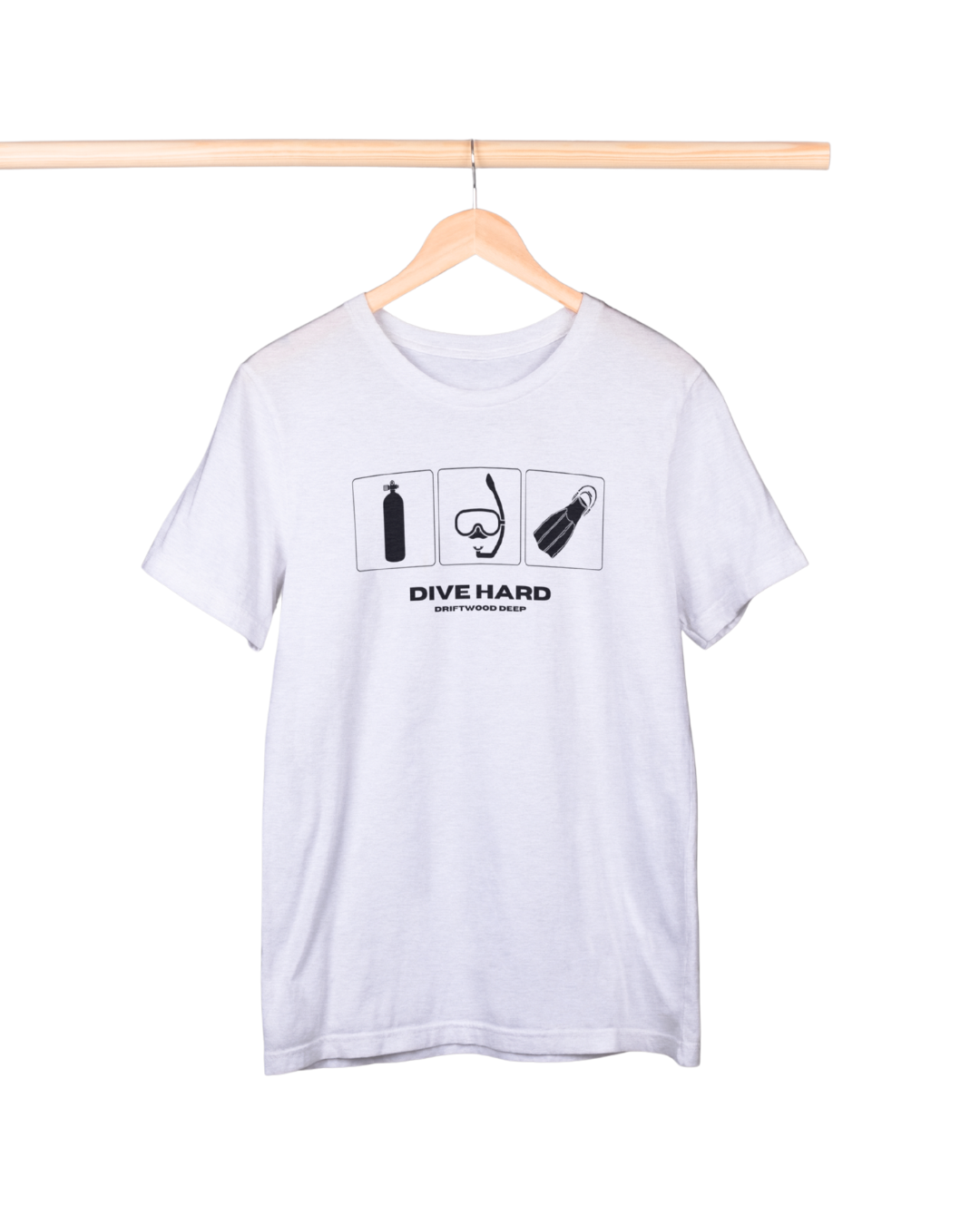 White t-shirt with diving-themed graphic and 'Dive Hard' text on a hanger against a white background