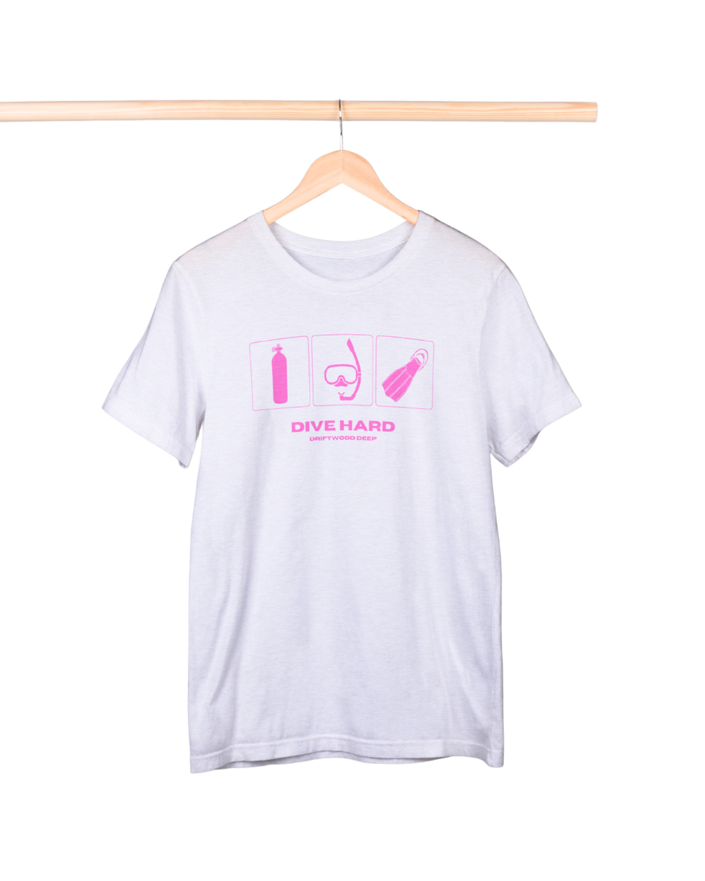 White t-shirt with pink scuba diving icons and 'DIVE HARD' text on a hanger against a white background