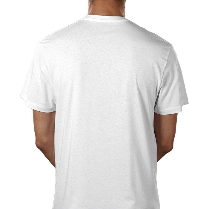 White t-shirt worn by a person on a white background