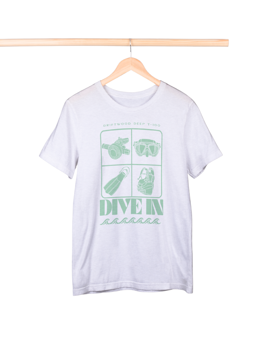 White t-shirt with green graphics and text on a hanger against a white background