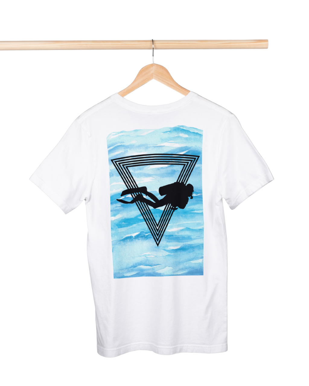White t-shirt with a scuba diver graphic on a hanger against a white background