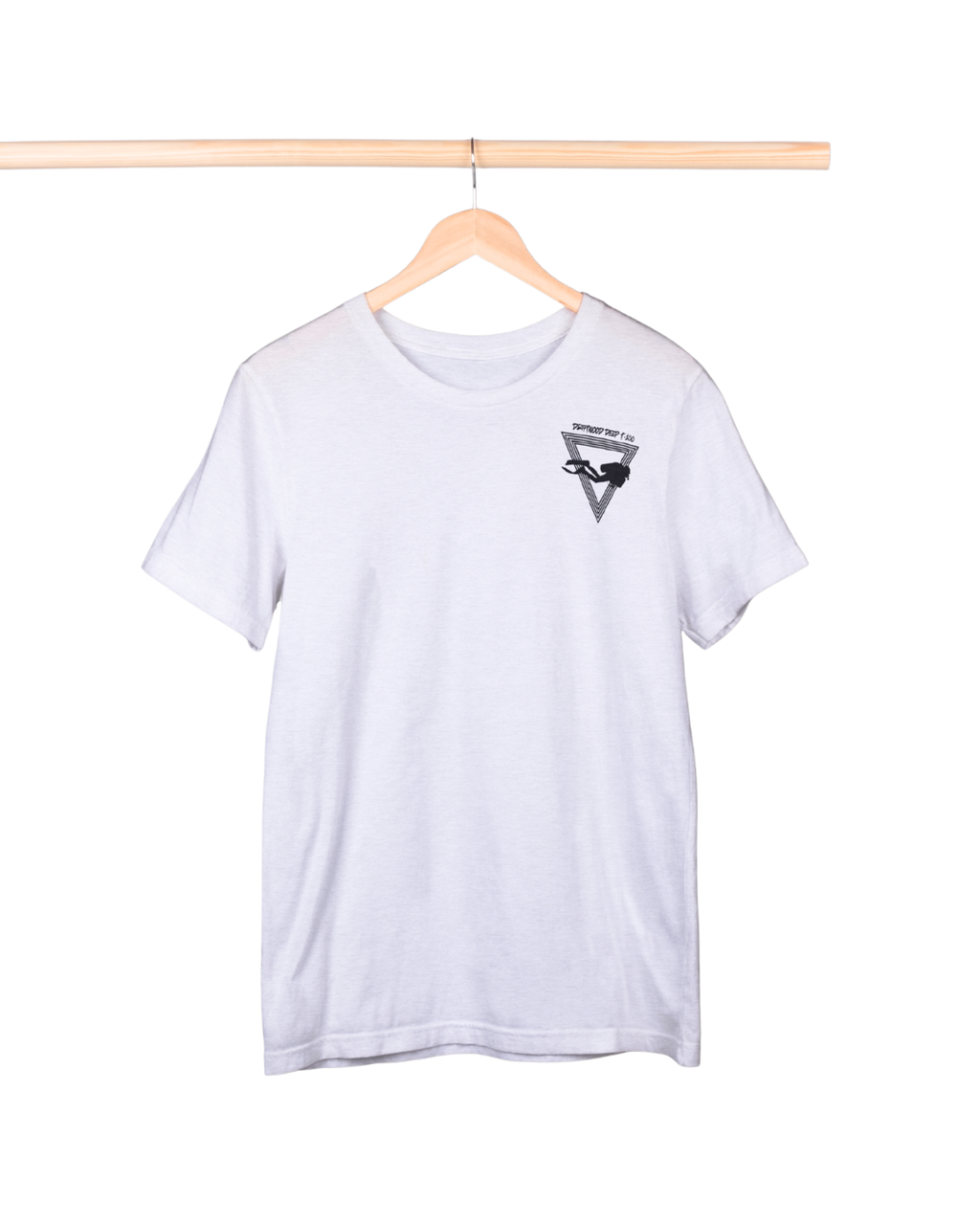 White t-shirt with a small logo on a hanger against a white background
