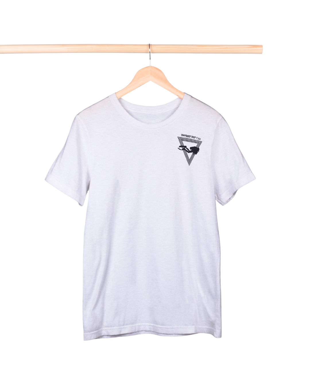 White t-shirt with a small logo on a hanger against a white background