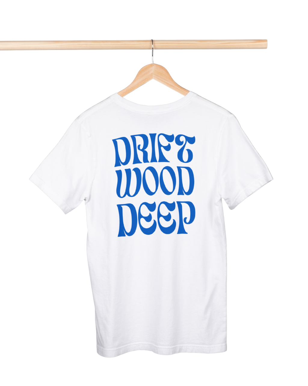 White t-shirt with 'Drift Wood Deep' text in blue on a hanger against a white background