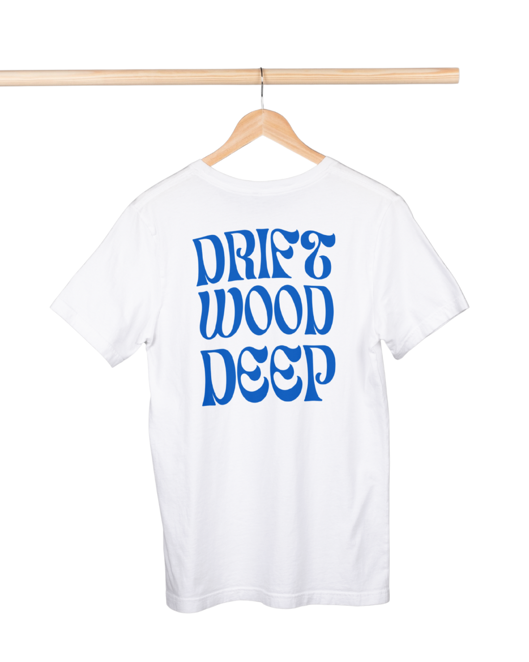 White t-shirt with 'Drift Wood Deep' text in blue on a hanger against a white background