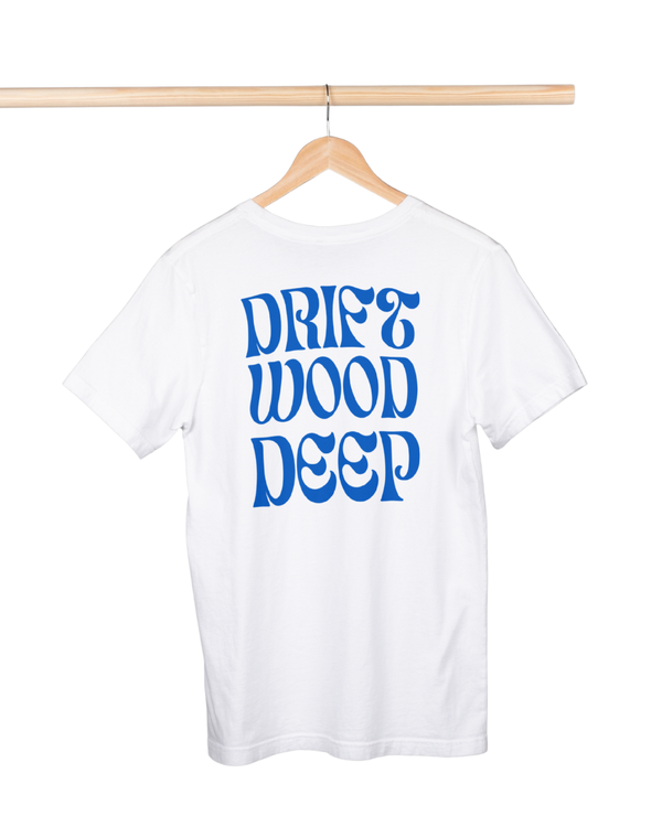 White t-shirt with 'Drift Wood Deep' text in blue on a hanger against a white background