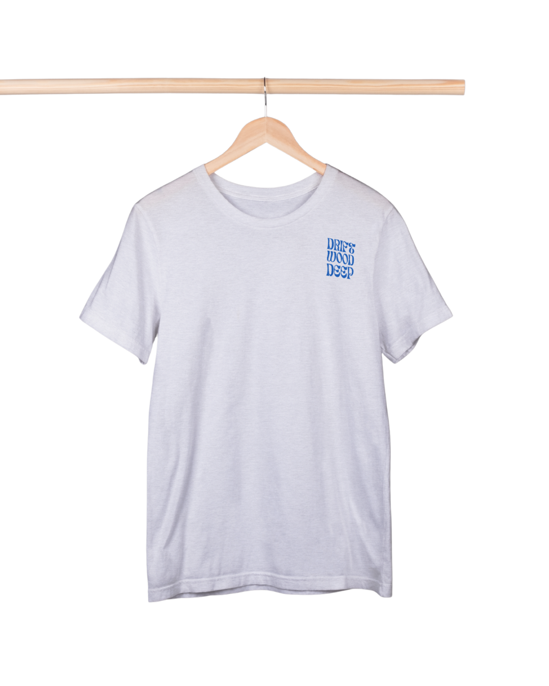 White t-shirt with blue text on a wooden hanger against a white background