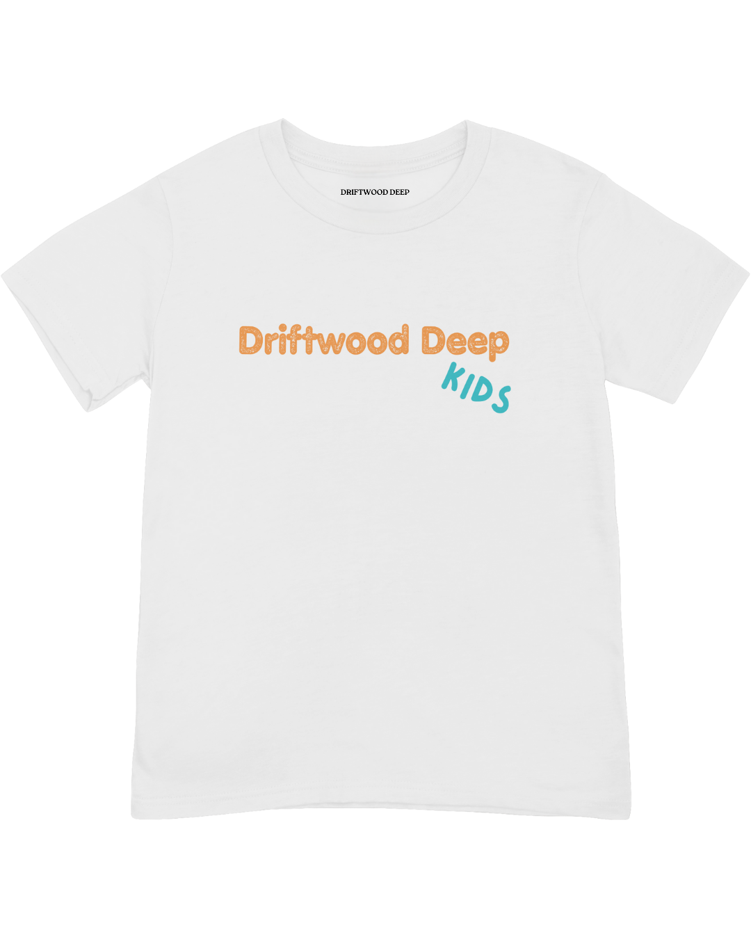White t-shirt with 'Driftwood Deep Kids' text on a white background